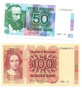 100 kroner 1985 og 50 kroner 1984. Kv.0