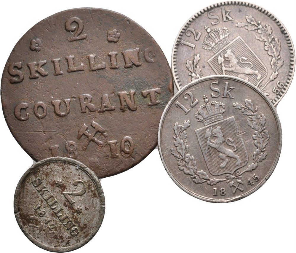 Lot. Skillingsmynt Norge. Skilling 1819, 1820, 2 skilling 1810, 1822, 1824, 1842, 8 skilling 1809, 12 skilling 1845 og 1856.
