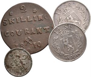 Lot. Skillingsmynt Norge. Skilling 1819, 1820, 2 skilling 1810, 1822, 1824, 1842, 8 skilling 1809, 12 skilling 1845 og 1856.