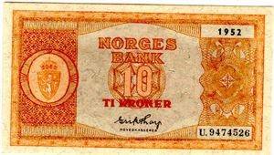 10 kroner 1952 U Ex. Stave Olsen Kv.0