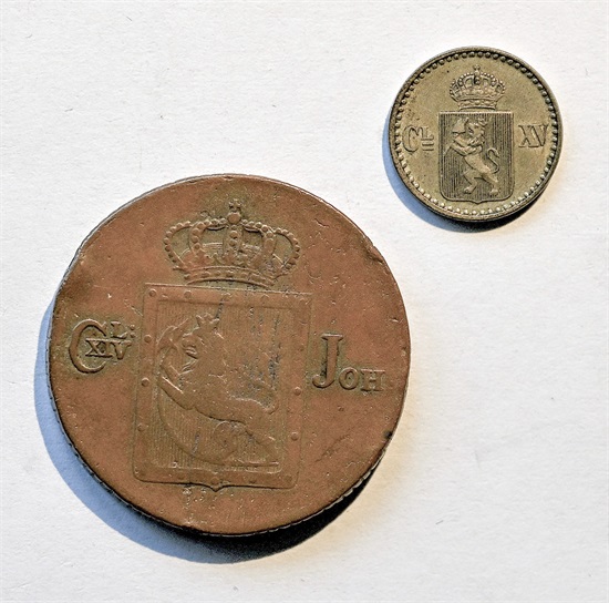 Norge 2 skilling 1827 og 1871 kv. 1 og 1+