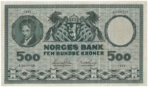 500 kroner 1951 A.0430759. Kv.1