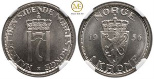 1 krone 1956 Haakon VII. Prakt eksemplar