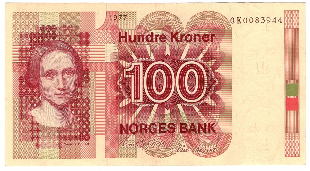 100 kroner 1977 QK. Erstatningsseddel. Brunt årstall. Kv.0/01