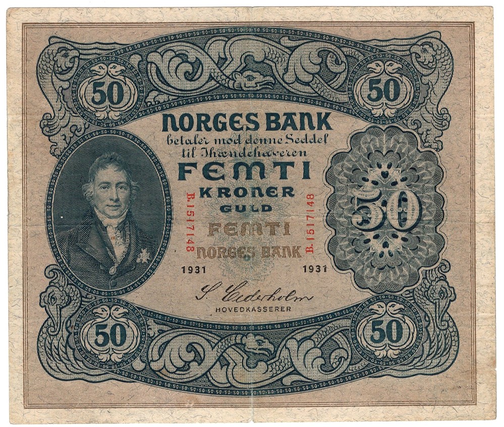 50 kroner 1931 B.1517148. S-seddel. Kv.1/1+