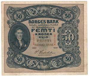 50 kroner 1931 B.1517148. S-seddel. Kv.1/1+