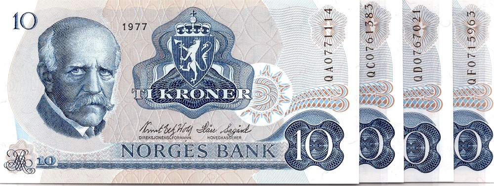 10 kroner 1977 QA, QC, QD og QF erstatning. Kv.0