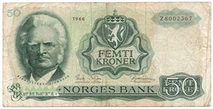 50 kroner 1966 Z.8002367 8-million erstatningsseddel. RRR-seddel. Kv.1-