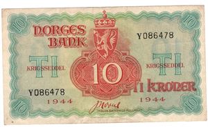 10 kroner 1944 Y.086478. London utg. Kv.1+