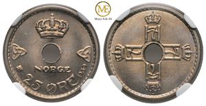 25 øre 1939 Haakon VII. MS66+. Prakt eksemplar