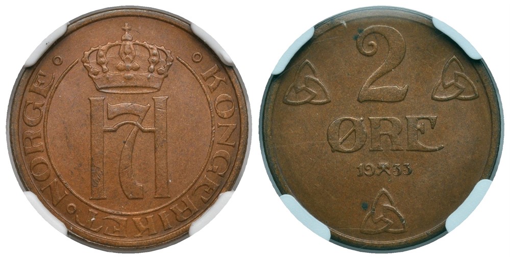 2 øre 1933 Haakon VII. Kv.0