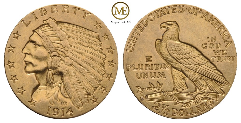 2 1/2 dollar 1914 D. Indian head. Kv.01