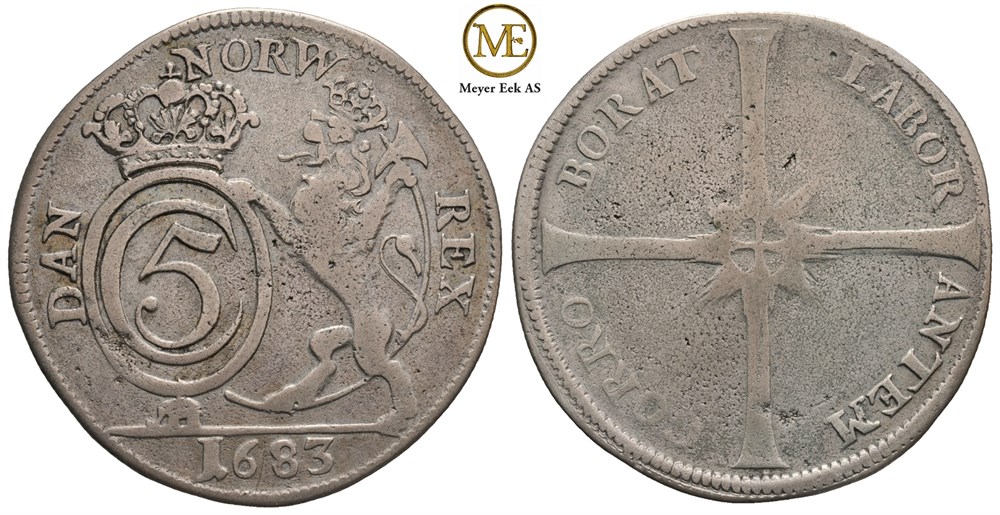 4 mark 1683 Christian V.Dannebrog. Kv.1