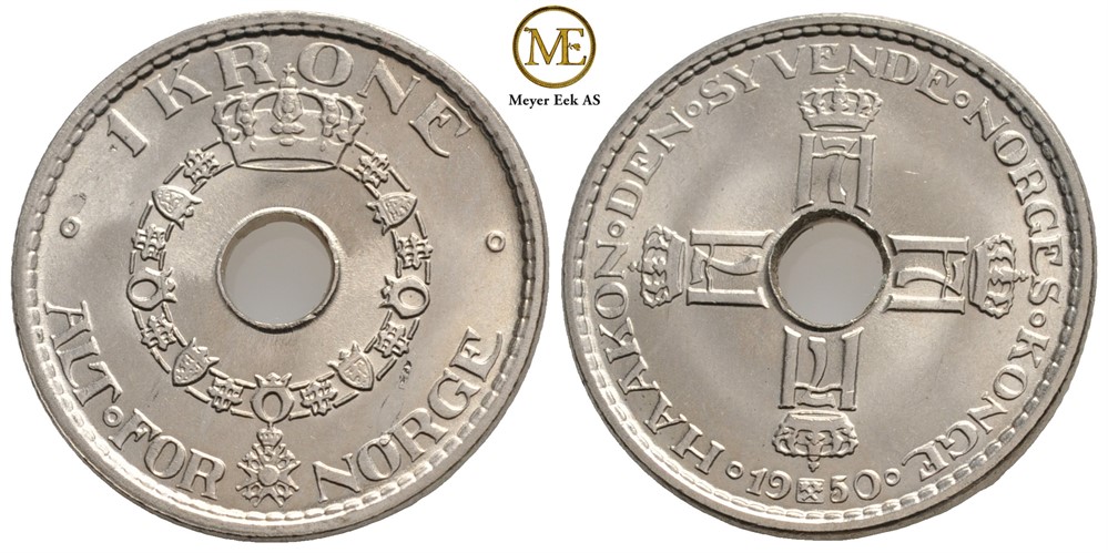 1 krone 1950 Haakon VII. Kv.0/prakt