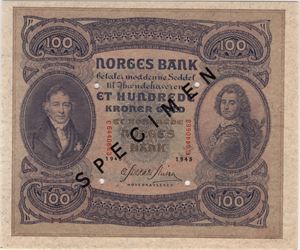 100 kroner 1945 C.6440663. Specimen. PMG.65