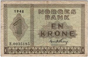 1 krone 1948 Z.0035185. Erstatningsseddel. Svært sjelden. Kv.1-