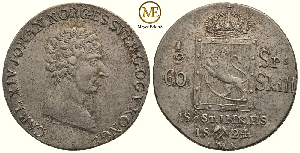 1/2 speciedaler 1824/1 Carl XIV Johan. Kv.1+/01