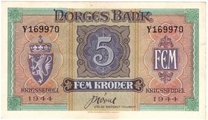 5 kroner 1944 Y. London utgaven. Kv.01