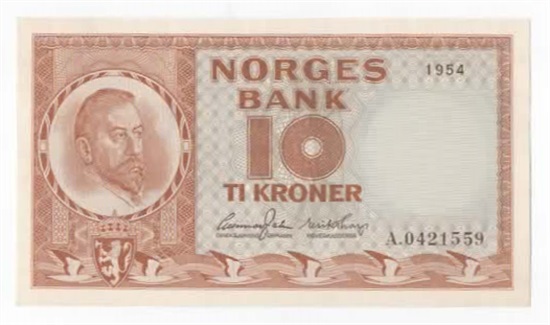 Norge 10 kroner 1954 A kv. 0