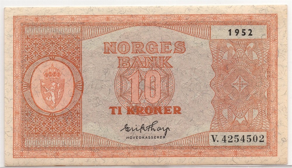 10 kroner 1952 i serie. V.4254501-02. Gradert til 63 og 64 EPQ hos PCGS. Kv.0-0/01