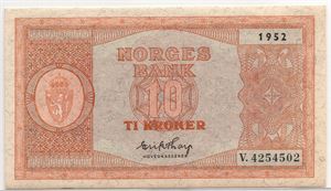 10 kroner 1952 i serie. V.4254501-02. Gradert til 63 og 64 EPQ hos PCGS. Kv.0-0/01