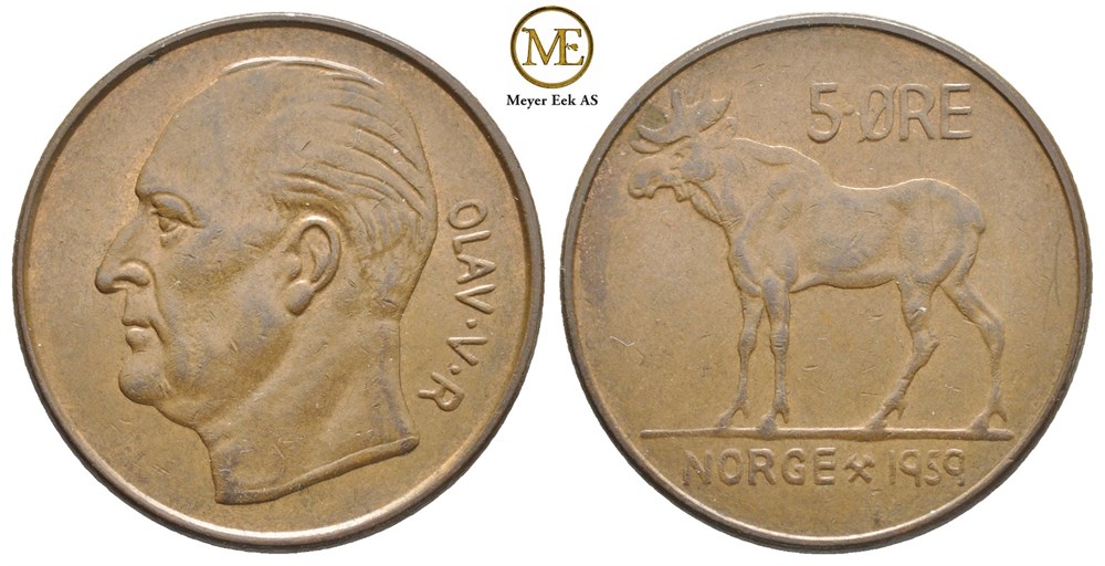 5 øre 1959 Olav V. Prøvemynt. Kv.01