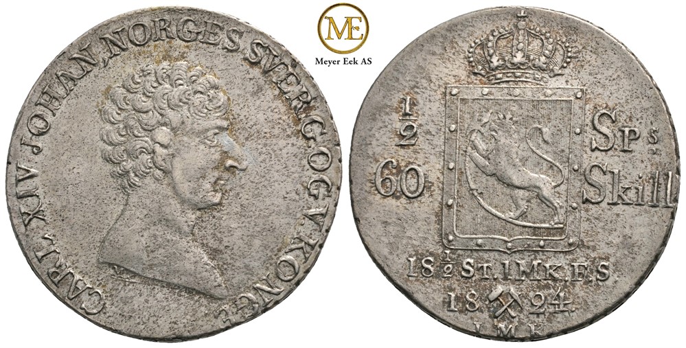 1/2 speciedaler 1824/1 Carl XIV Johan. Kv.1+/01