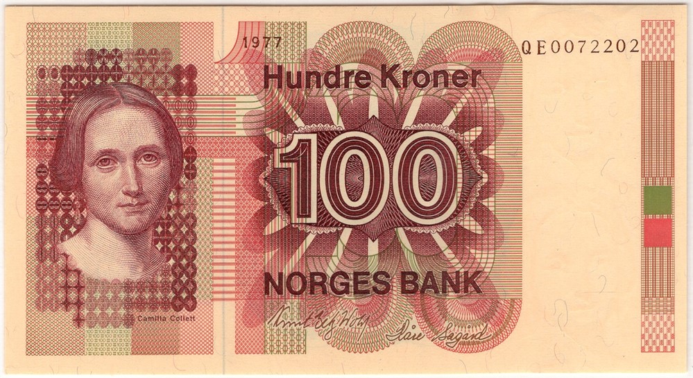 100 kroner 1977 QE erstatningsseddel. Kv.0