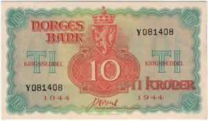 10 kroner 1944 Y.081408. 64 EPQ. Kv.0