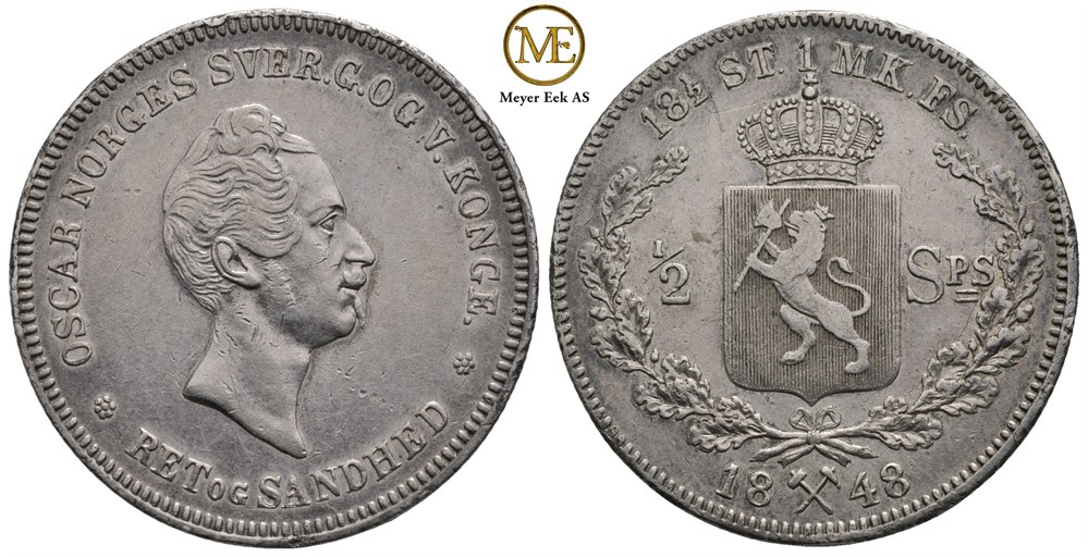 1/2 speciedaler 1848 Oscar I. Kv.1+