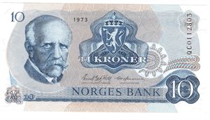 10 kroner 1973 QC. Erstaningsseddel. Kv.0/01