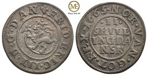 2 skilling 1665 Frederik III. Sjelden. Kv.1+