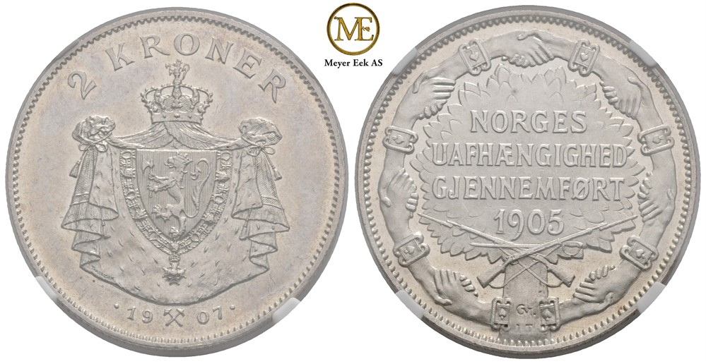 2 kroner 1907 Jub. m/gevær Haakon VII. Kv.01
