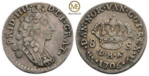 8 skilling 1706 Frederik IV. Kv.1+