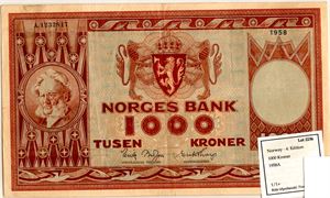 1000 kroner 1958 A EX. Riibe Kv.1/1+