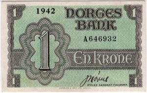 1 krone 1942 A.646932. London utgaven. Kv.01