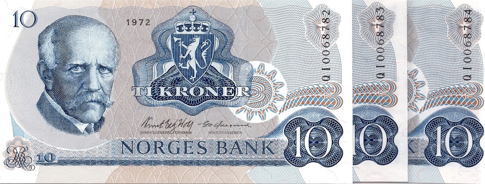 10 kroner 1972 QI erstatningsseddel 3 stk. i serie. Kv.0