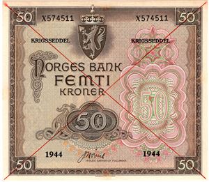 50 kroner 1944 X.574511. London utgaven med kryss. Kv.0/01