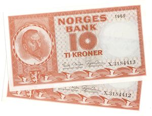 10 kroner 1969 X To erstatningssedler i serie. Kv.0