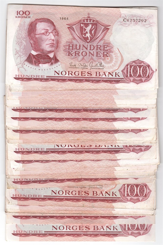 Lot. 100 kroner 1964 B og C. 44 stk VK