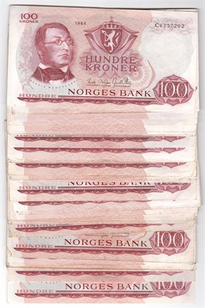 Lot. 100 kroner 1964 B og C. 44 stk VK