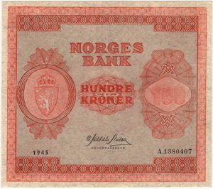 100 kroner 1945 A.1380407. Kv.01