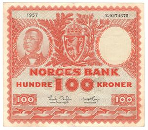 100 kroner 1957 Z. Erstatningsseddel. Kv.1/1+