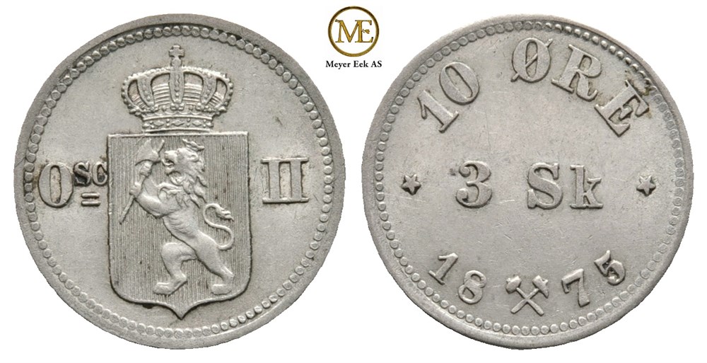 10 øre/3 skilling 1875 Oscar II. Kv.0/01
