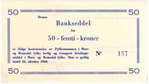 Romsdal fellesbank 50 kroner 11.april 1940. Kv.01