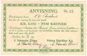 5 kroner Polaris fabrikker 9. mai 1940. Kv.1+