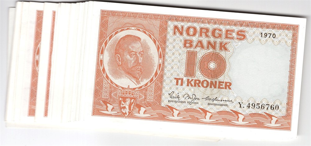 10 kroner 1970 Y.4956721-60. 40 stk. i serie. Usikrulert. Kv.0-0/01