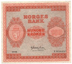 100 kroner 1945 Z.8036458 8-million erstatningsseddel. SS-seddel. Kv.0/01