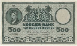 500 kroner 1954 A.0520523. Kv.1+