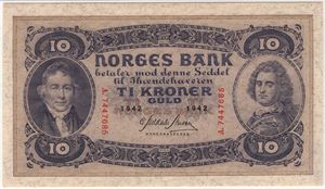 10 kroner 1942 A.7447685. 65 EPQ. Kv.0